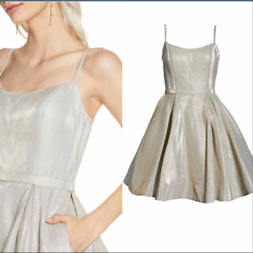 IEENA for Mac Duggal fit and flare silver sparkle metallic mini dress - Picture 3 of 10